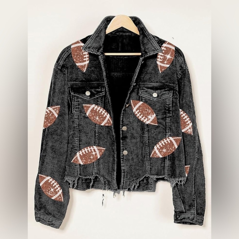 Football Sequin Embroidery Cropped Frayed Hem Corduroy Jacket